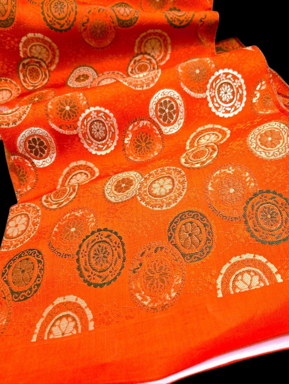 Japanese Orange Silk Maru丸帯 Obi Untailored Width Two Sided Pattern 26" X 13 Ft